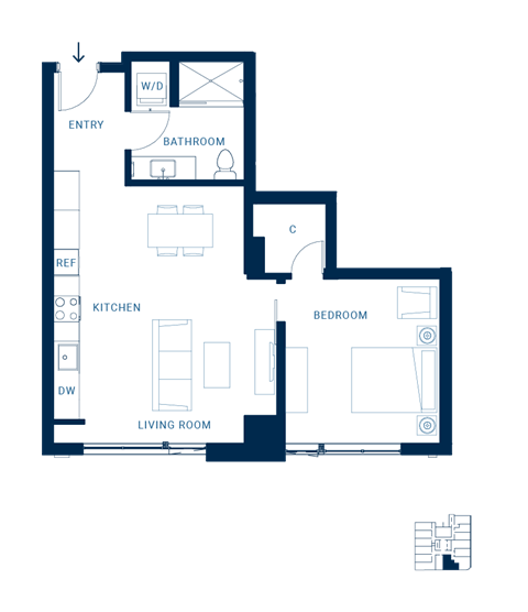 Floor plan for 1 bed, 1 bath, 673 sqft
